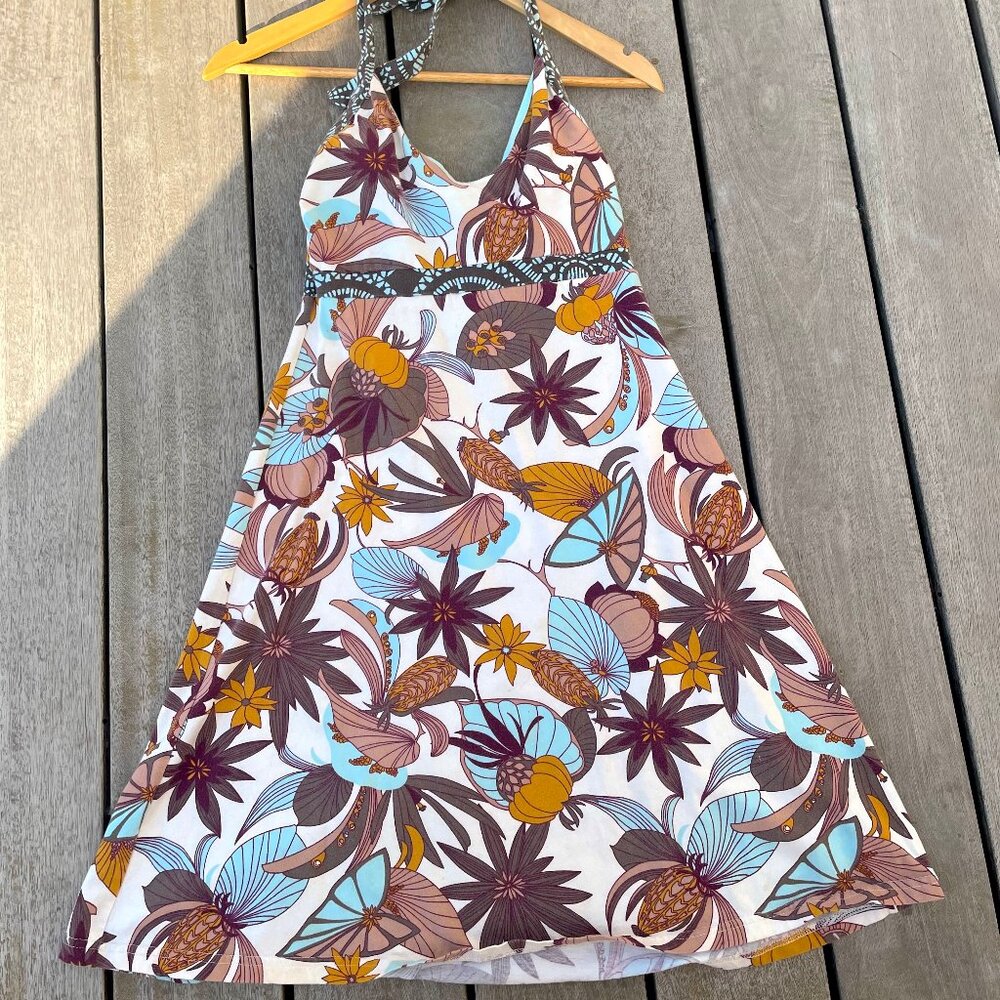 Patagonia Floral Halter Mini Dress in White, Brown, Yellow, Blue